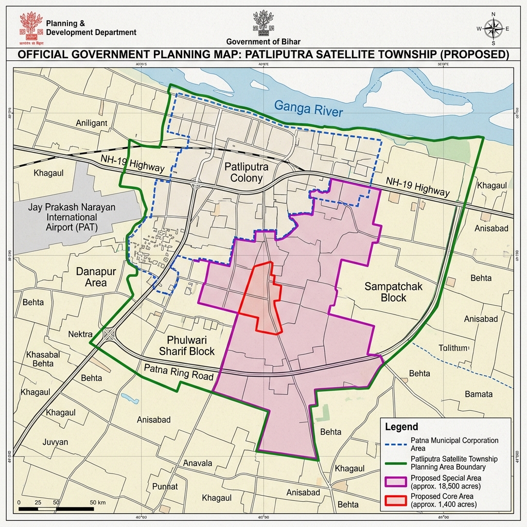 Official Patliputra Satellite Township Map showing the special planning area boundary zones near Patna, Bihar